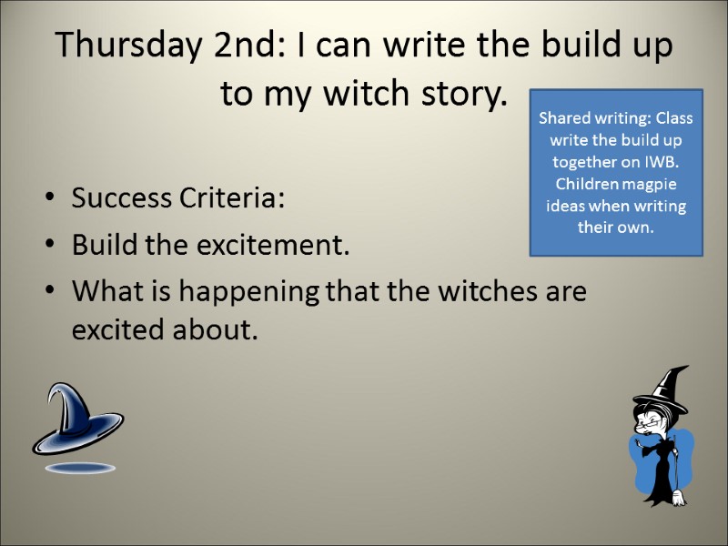 Thursday 2nd: I can write the build up to my witch story.  Success